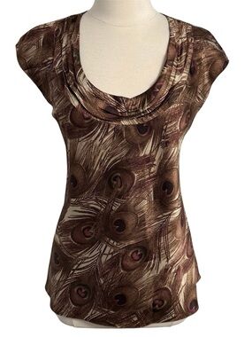 AK Anne Klein Women's Cap Sleeves, Draped Cowl Neckline Blouse, Brown, Size XL